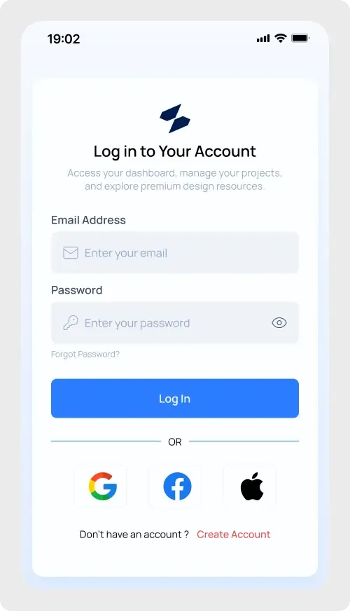 Mobile login screen UI for Figma with email and password inputs and Google, Facebook and Apple sign-in buttons