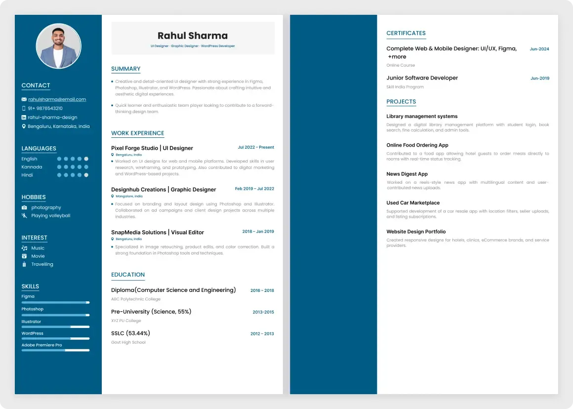 Professional two-page Figma resume template with a sidebar, skill progress bars and experience sections