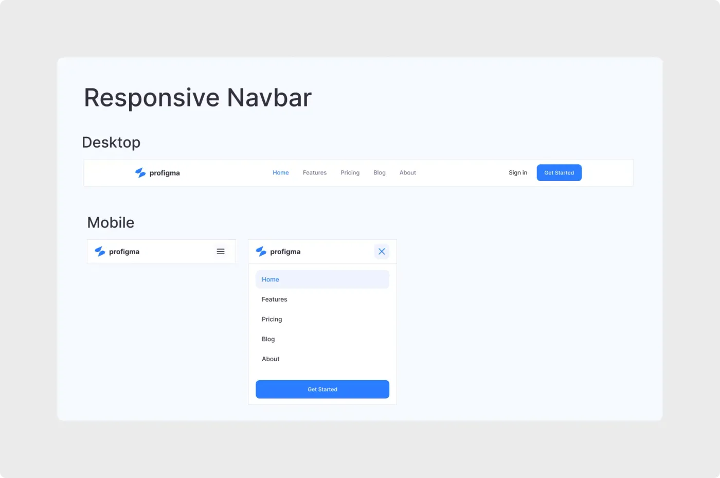 Figma responsive navbar UI kit showing a desktop navigation bar and mobile collapsed and open hamburger menu states