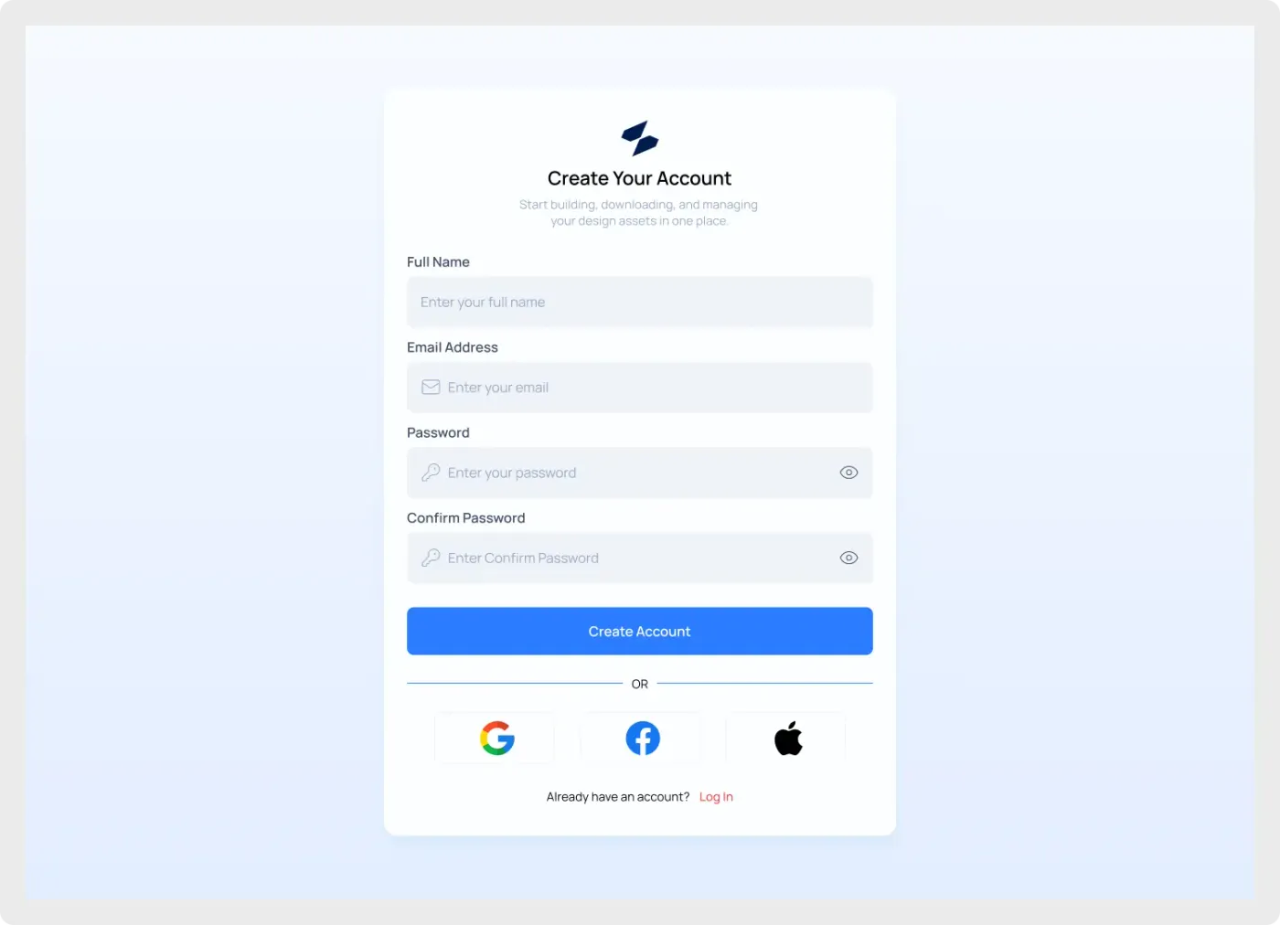 Modern registration form UI for Figma with name, email and password fields and social sign-up buttons