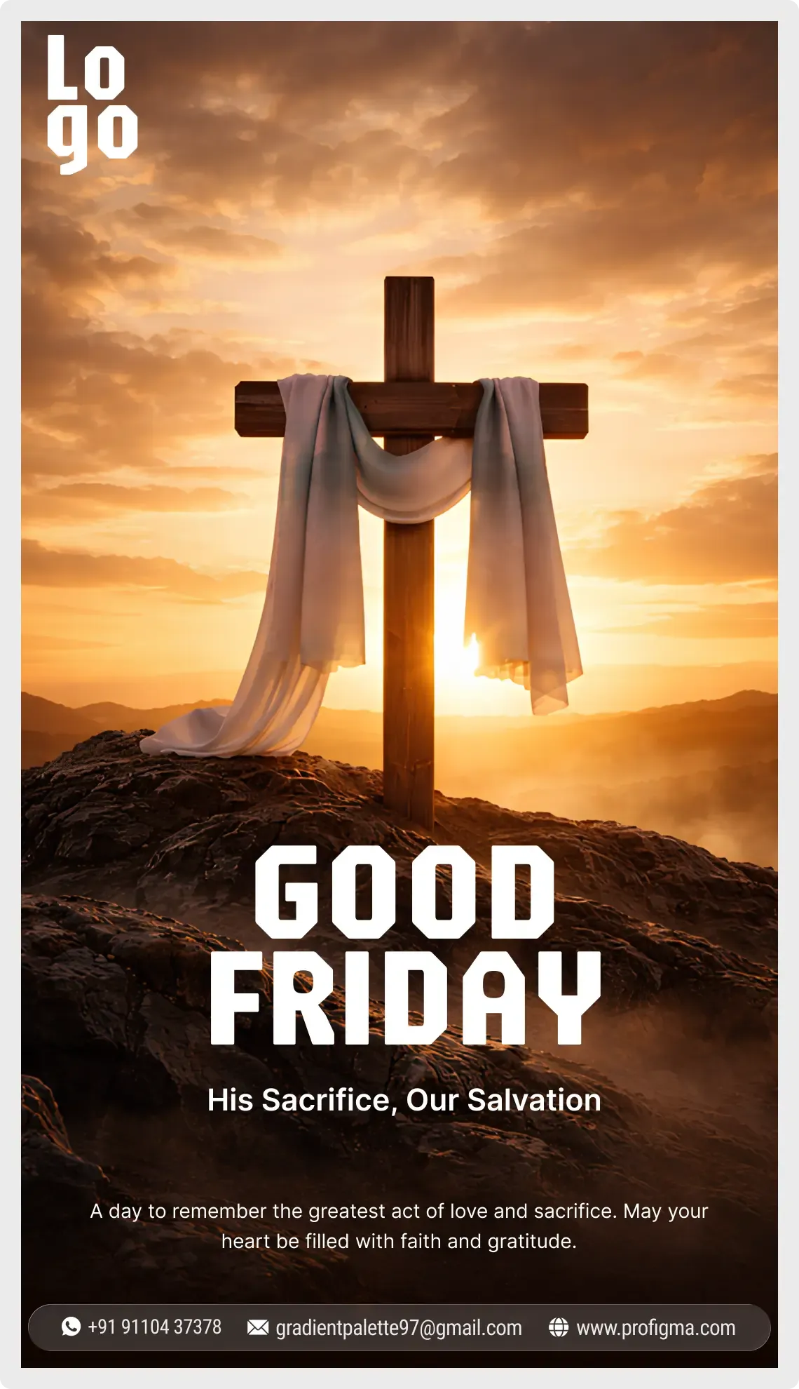 Good Friday story template for Figma with a cloth-draped cross at sunset in a vertical layout for Instagram Stories and WhatsApp status