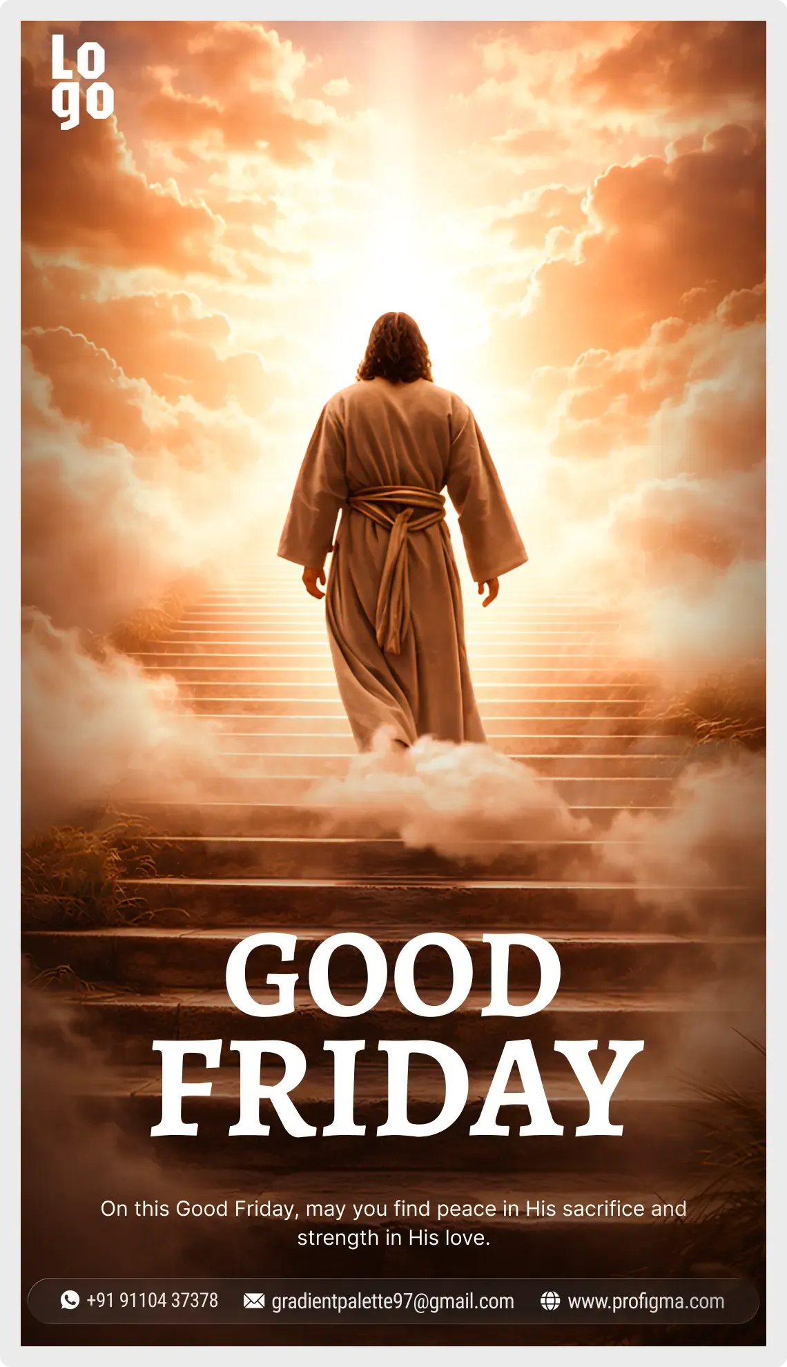 Good Friday vertical template for Figma showing Jesus walking up a staircase through glowing clouds in a tall story layout