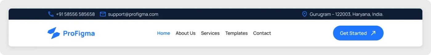 Corporate website header UI for Figma with a dark contact bar above a light navigation bar and call to action button