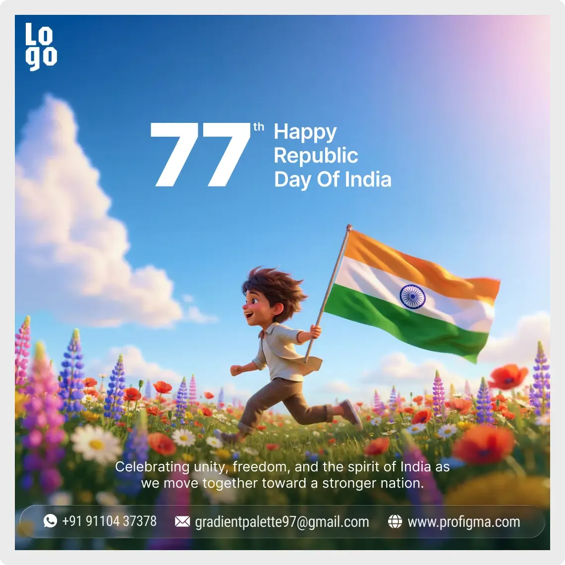 Republic Day social media post template for Figma with a 3D Indian flag illustration in a square 1080 by 1080 format