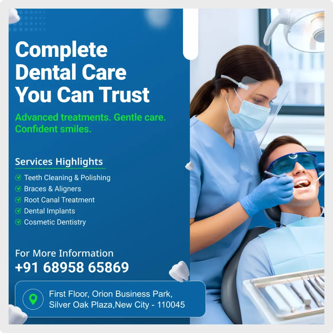 Dental clinic social media template for Figma with a split-screen layout and an editable list of dental services