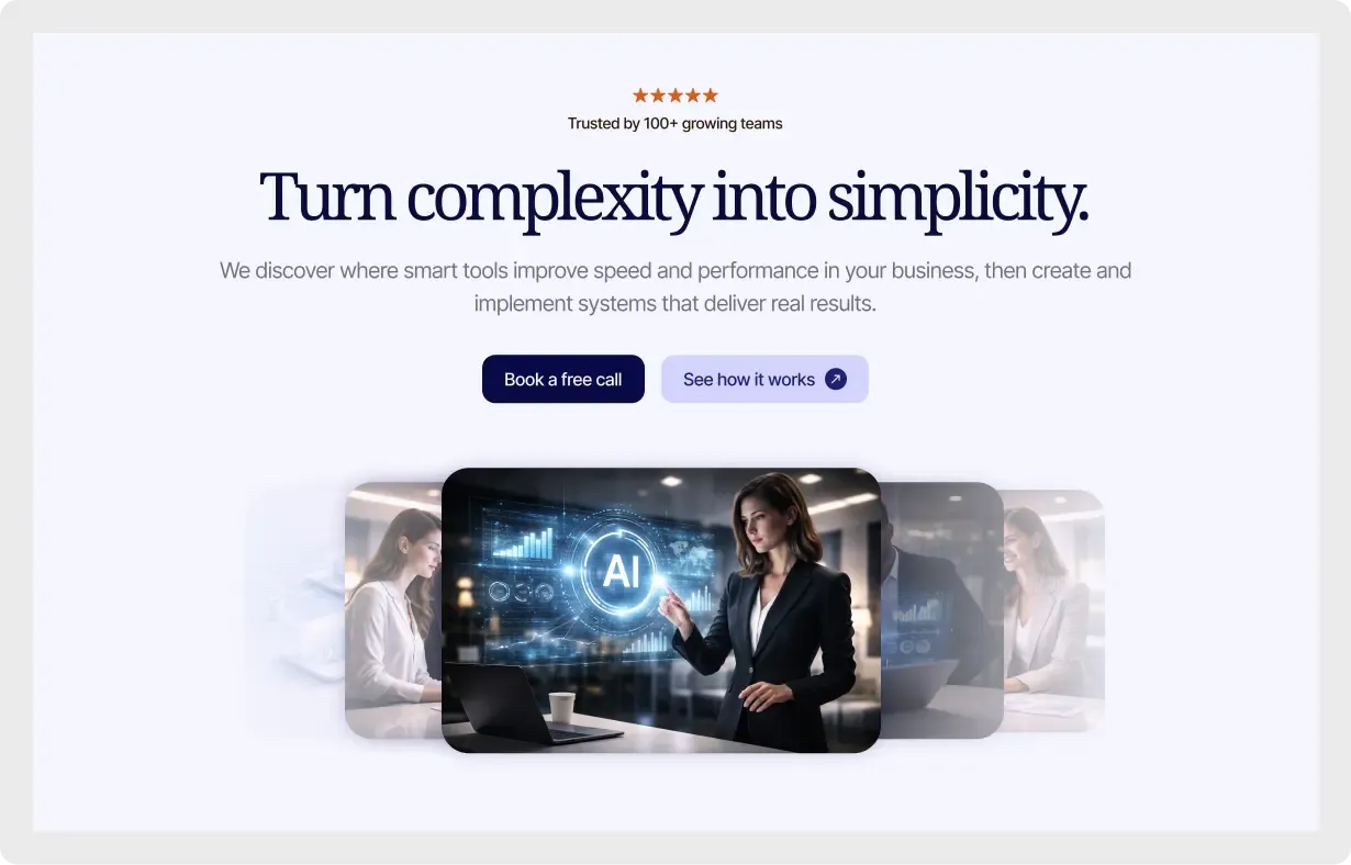 SaaS hero section UI for Figma with headline, star ratings, two call to action buttons and an image carousel