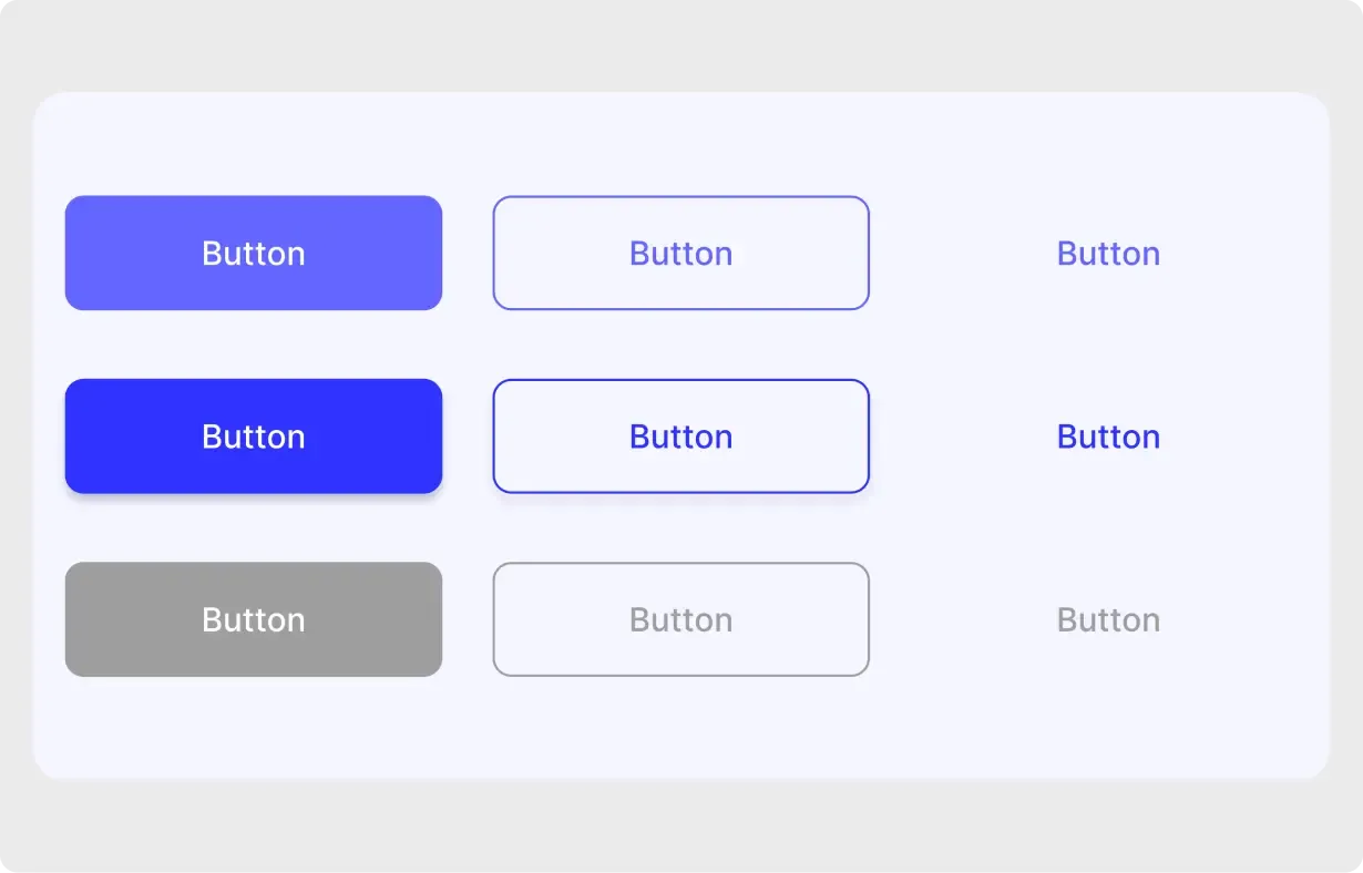 Figma button component set showing solid, outlined and text-only button variants with different states
