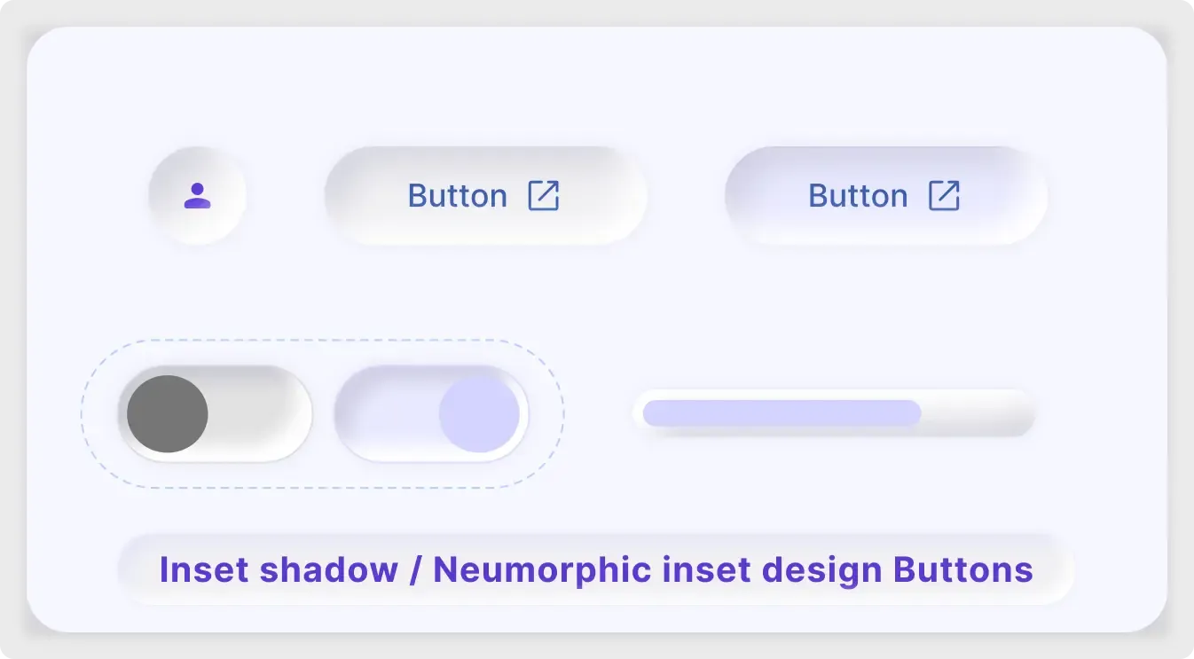 Neumorphic button UI kit for Figma with inset shadow buttons, toggle switches and a progress bar on a soft background