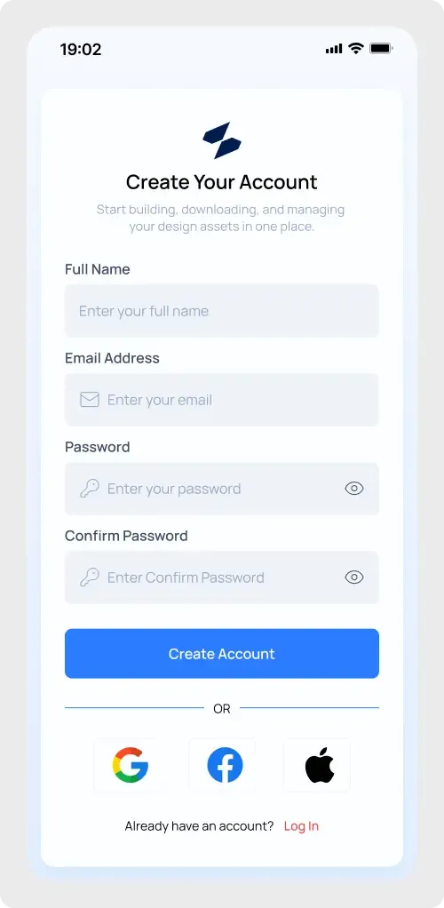 Mobile sign up screen UI for Figma with form inputs and a create account button for app onboarding