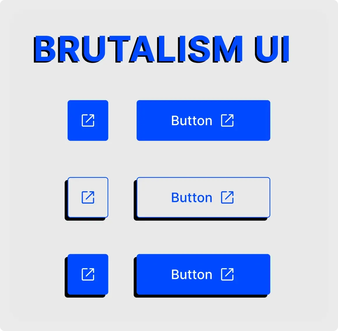 Brutalism button UI kit for Figma with high-contrast colored buttons and hard offset shadows