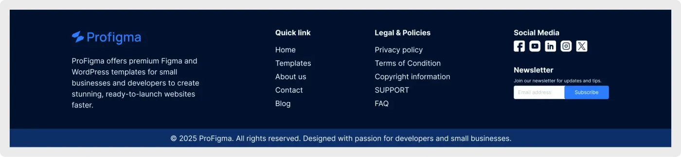 Dark mode website footer UI for Figma with quick links, legal links, newsletter form and social media icons