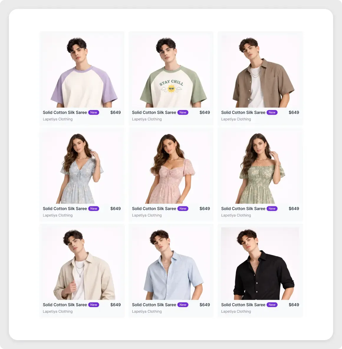 E-commerce product grid UI for Figma with a three by three layout of product cards showing images, brand names, prices and badges