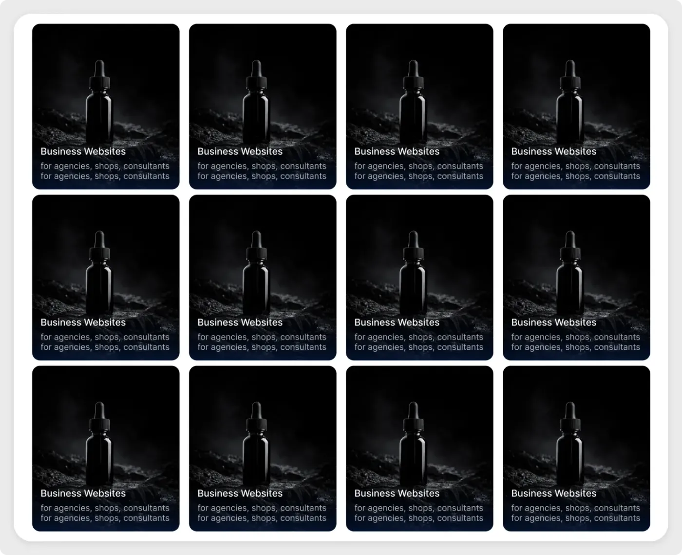 Dark mode portfolio grid UI for Figma with high-contrast service cards in a grid layout