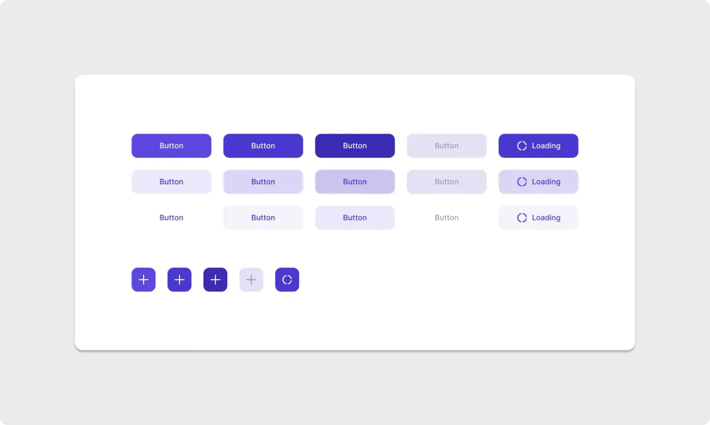Figma button component UI kit with filled, soft and ghost button styles in default, disabled and loading states