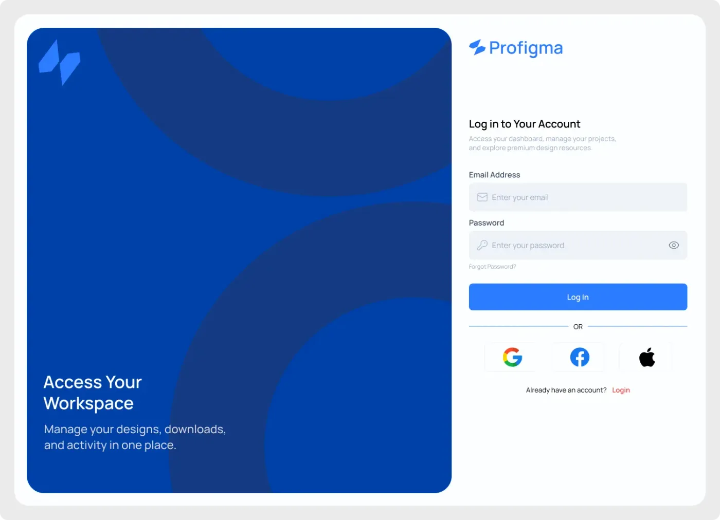Desktop web login screen UI for Figma with a split-screen layout, brand panel and sign-in form