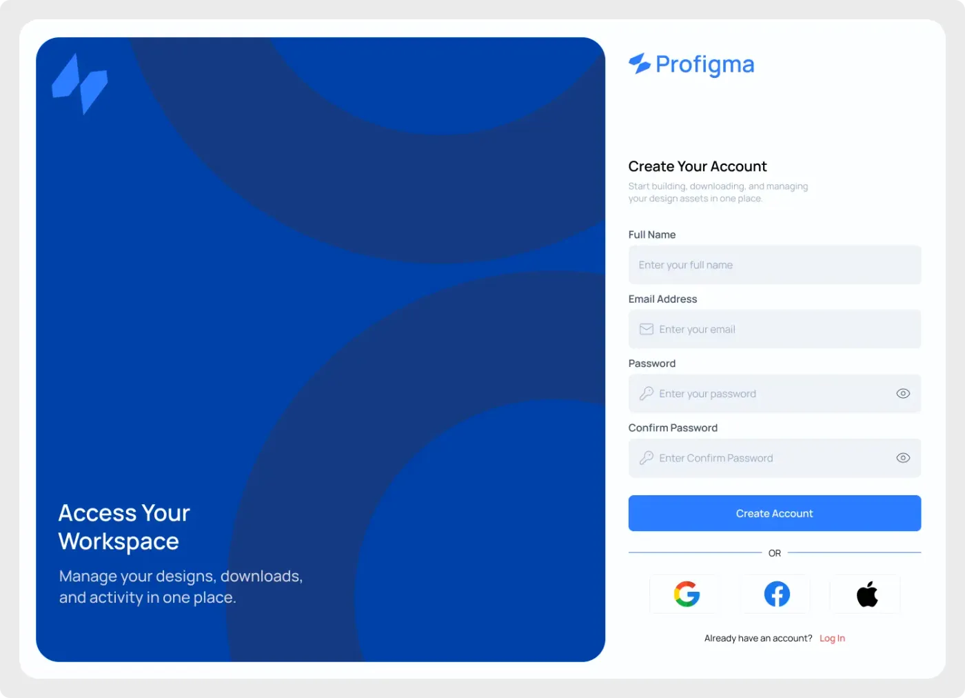 Desktop web sign up screen UI for Figma with a split-screen layout and registration form