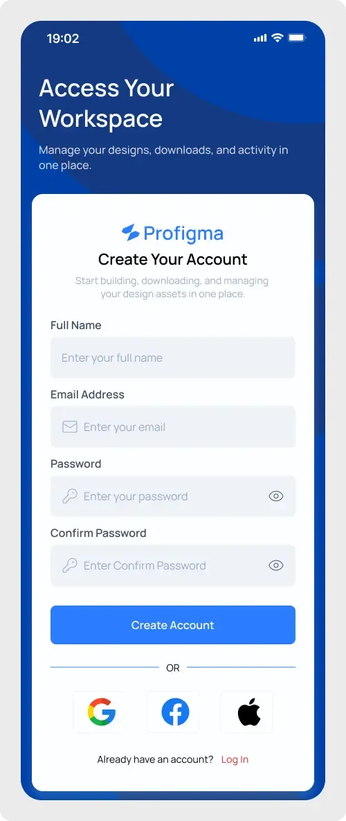 Mobile app registration UI for Figma with a blue header overlay and create account form