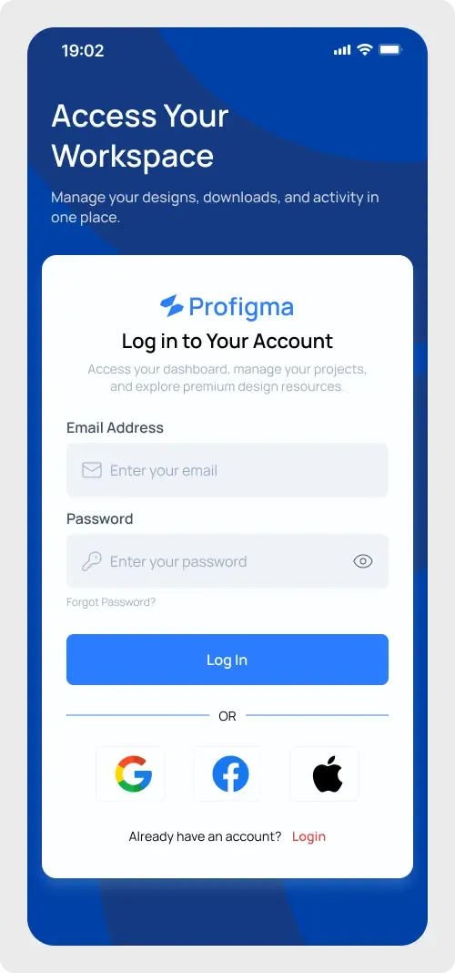 Mobile app login UI for Figma with a blue header overlay, email and password inputs and sign-in button
