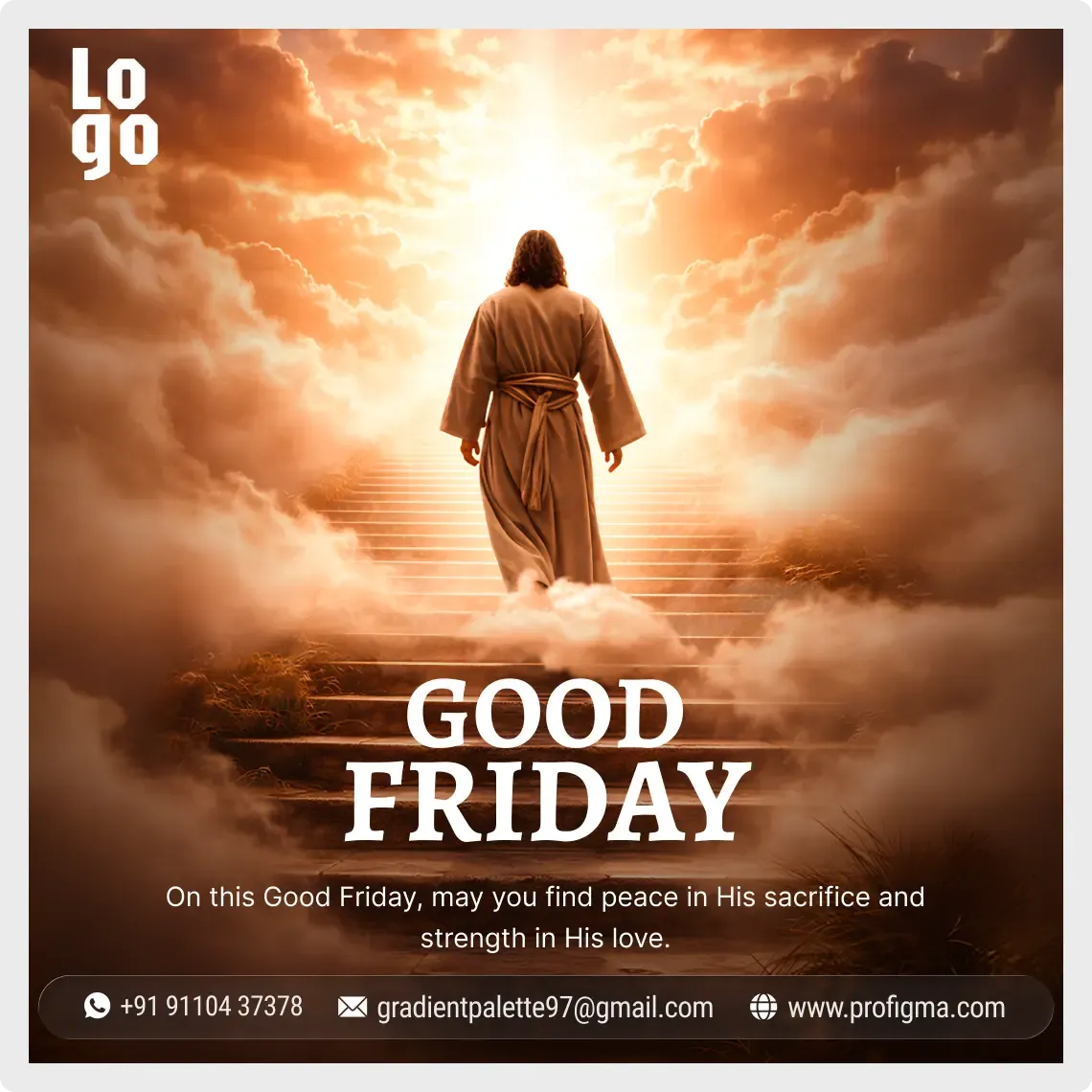 Good Friday Instagram post template for Figma showing Jesus walking up a staircase through glowing clouds in a square layout
