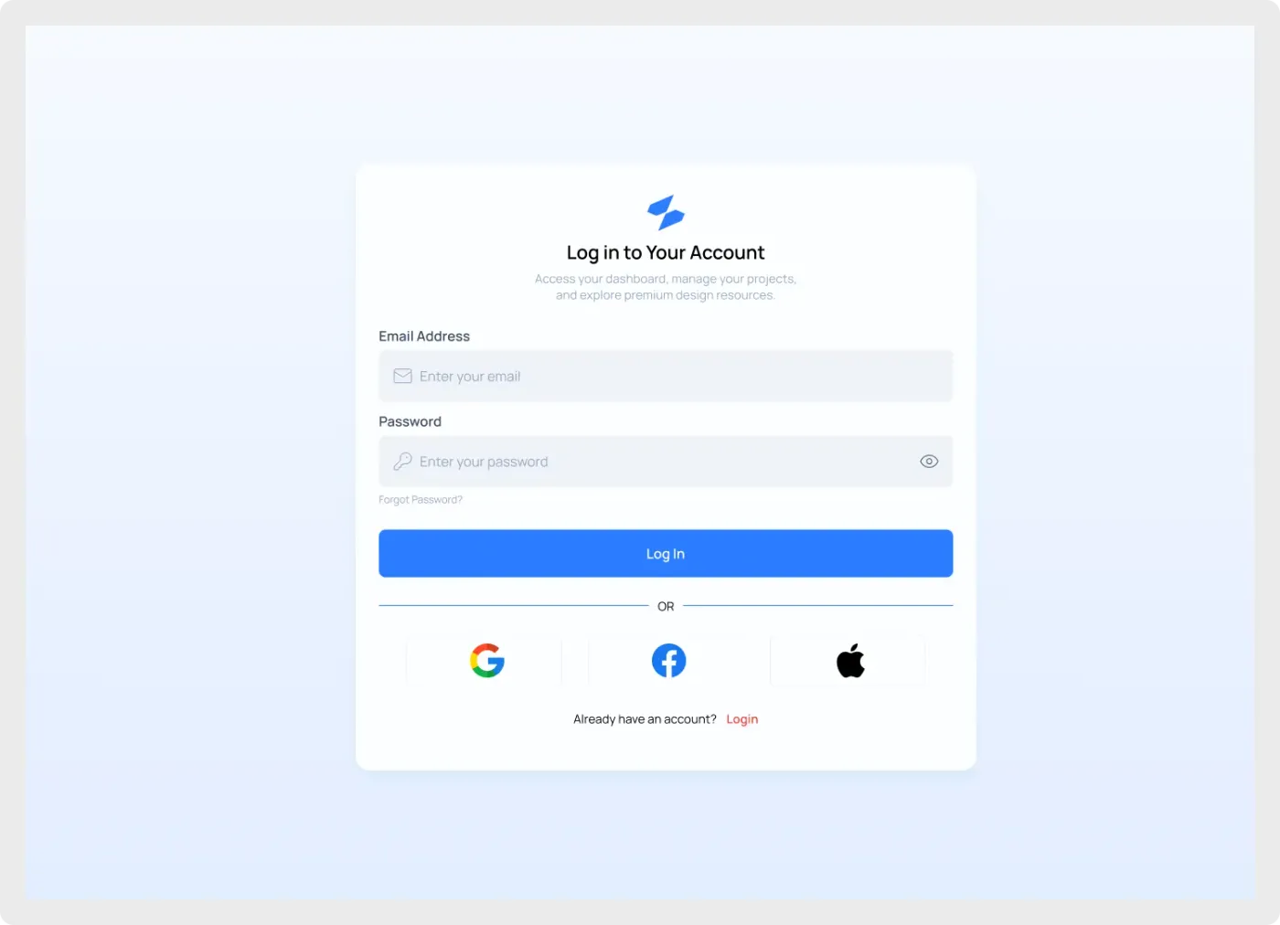 Modern desktop login UI component for Figma with email and password fields, forgot password link and social sign-in icons