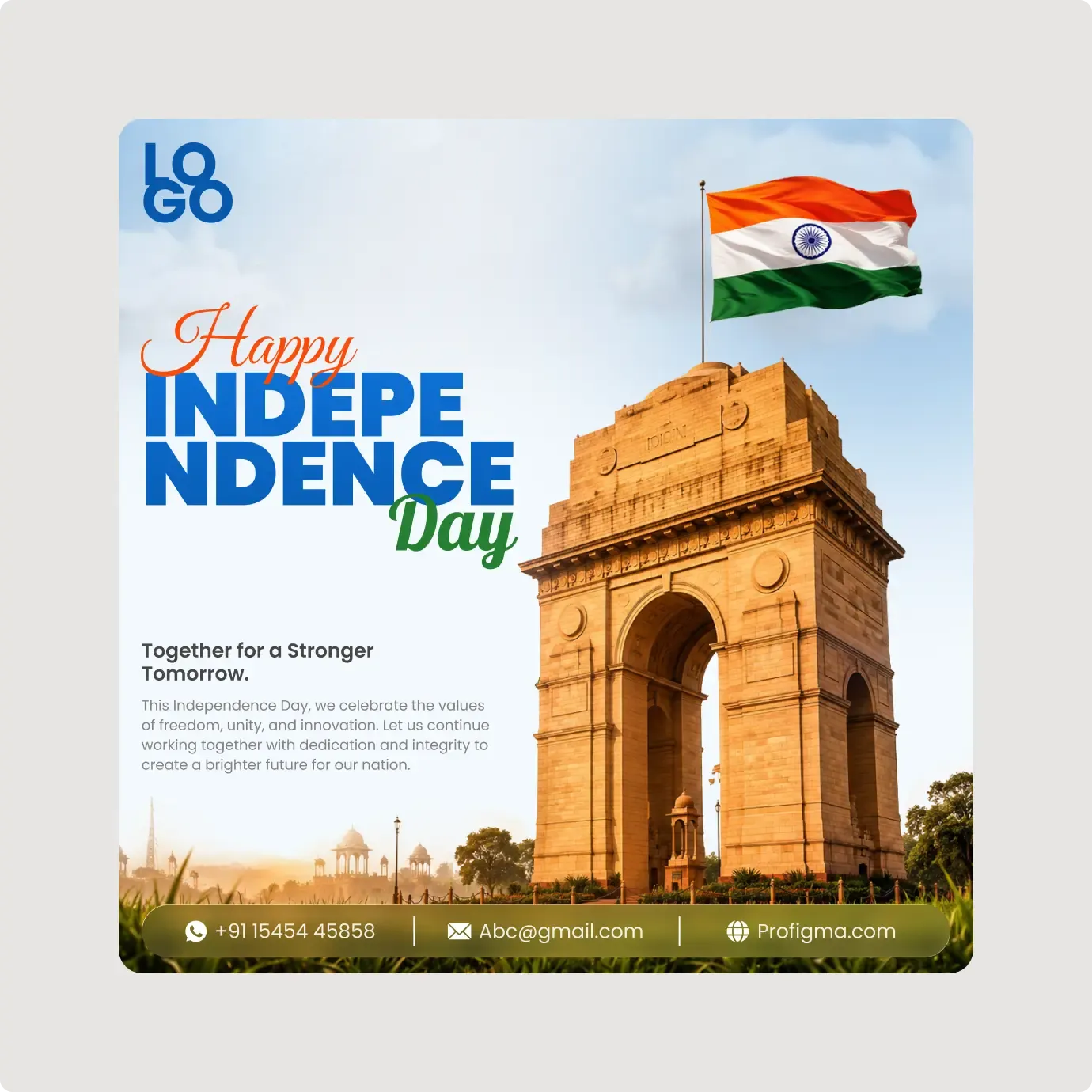 Independence Day poster template for Figma with Indian flag colors and editable text for brands and schools