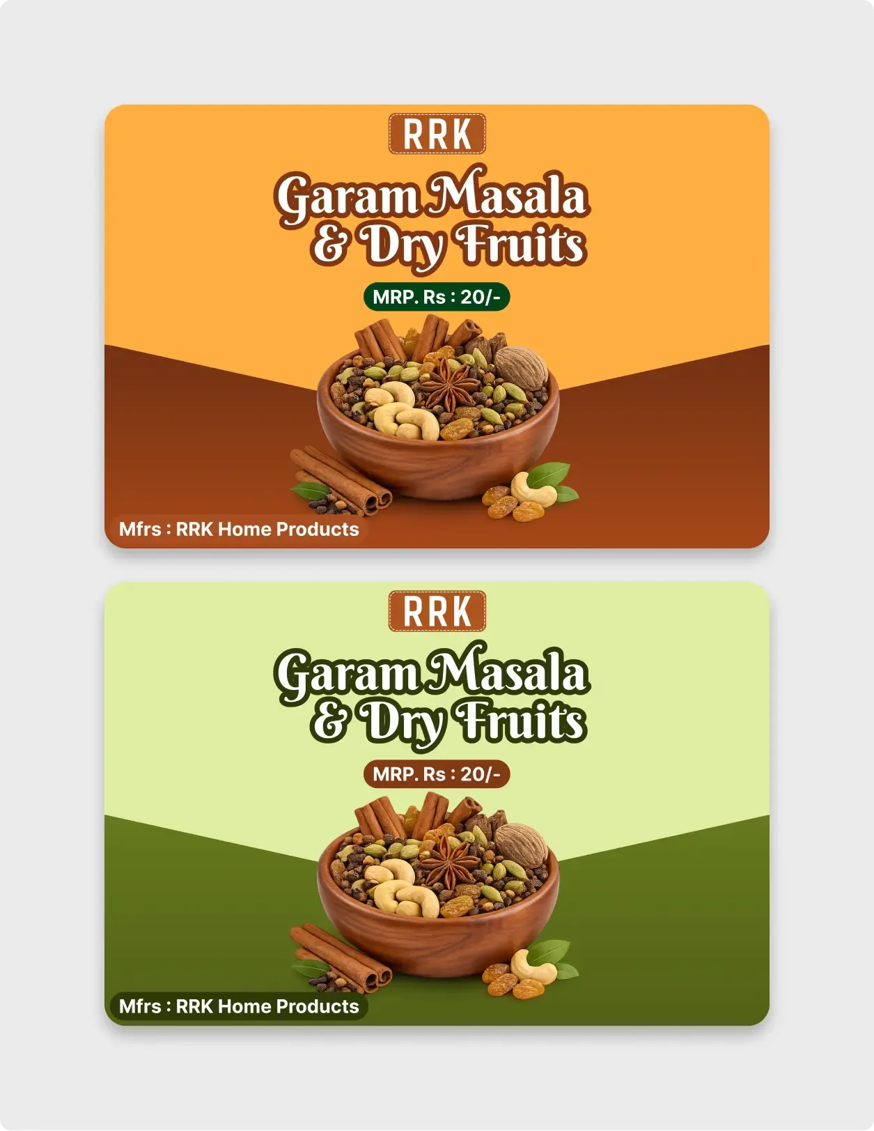 Spice and dry fruit packaging label component for Figma with customizable vector shapes and vibrant colors
