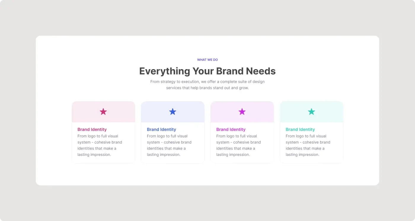 Brand services cards UI for Figma with a four-card layout and colorful icons