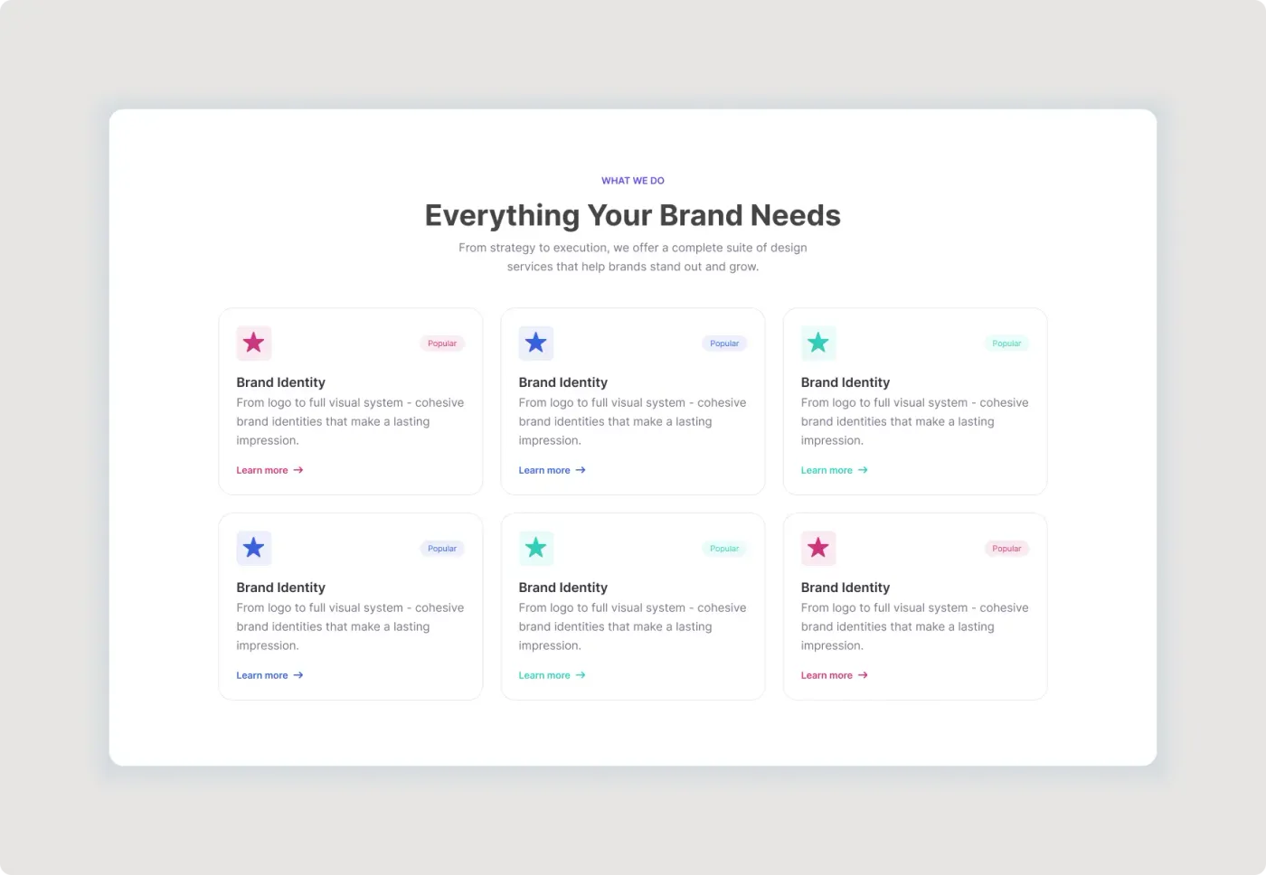 Brand services section UI for Figma with clean service cards, colorful visual accents and badges