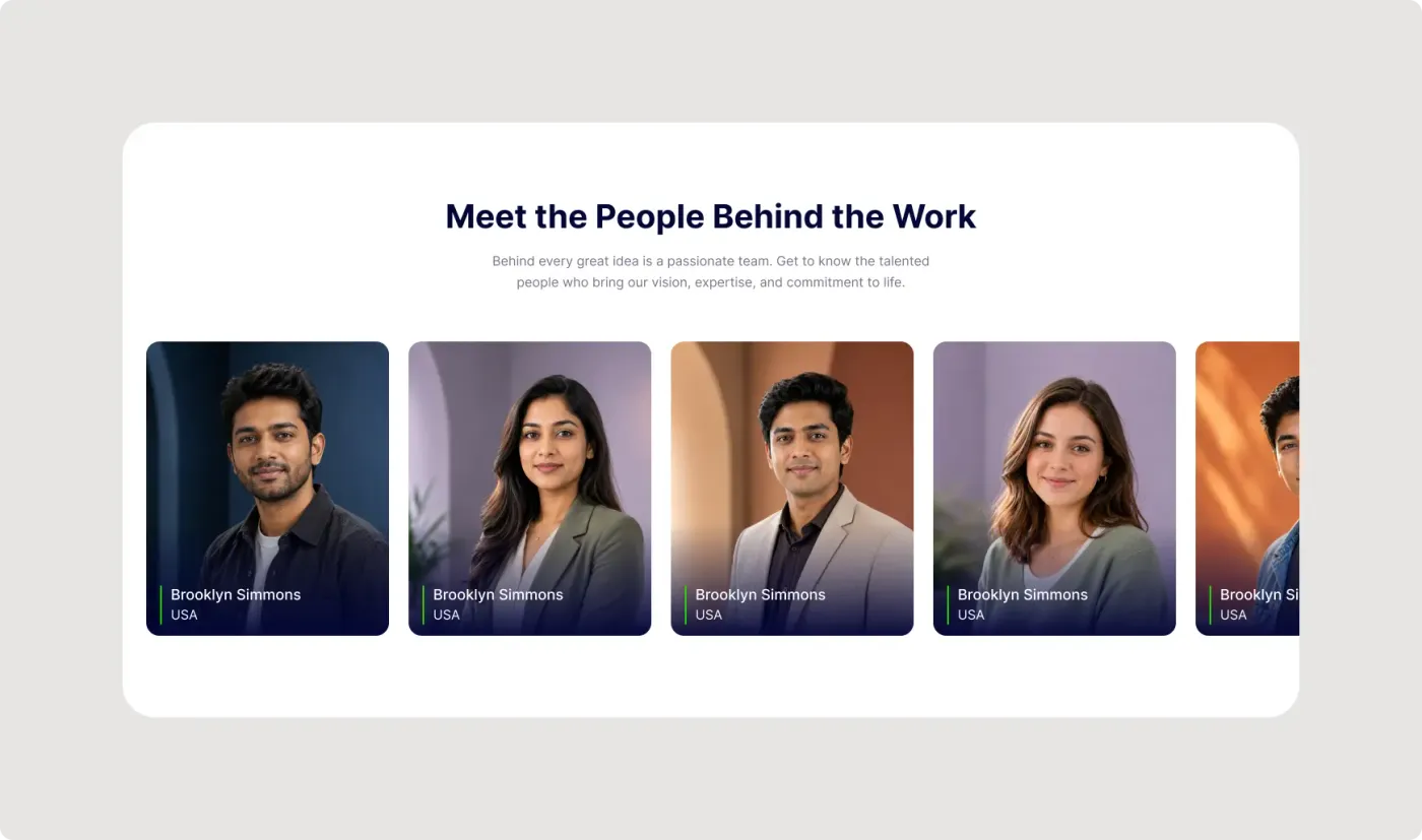 Team members section UI for Figma with profile cards, photos, names and locations