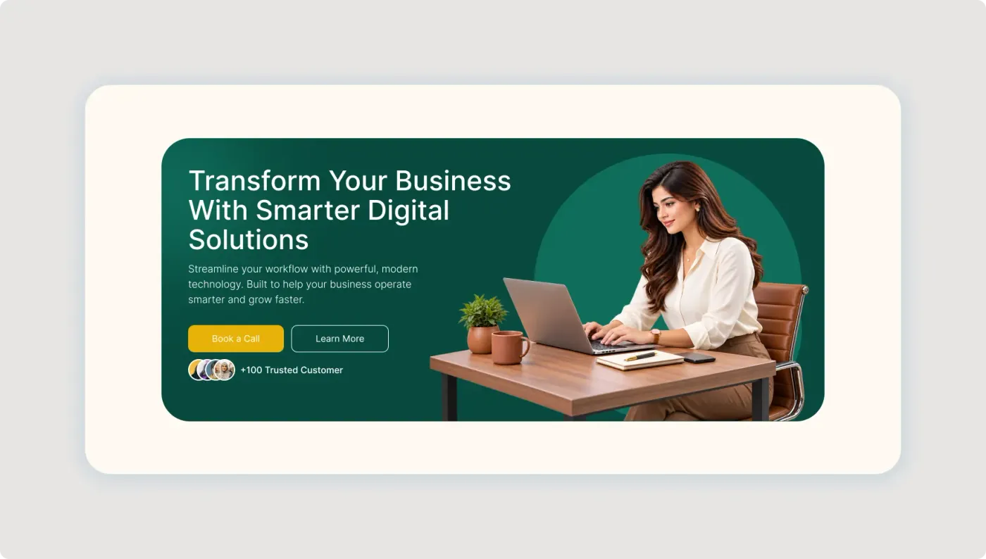 Business website hero section UI for Figma with a headline, call to action buttons and customer avatar trust elements