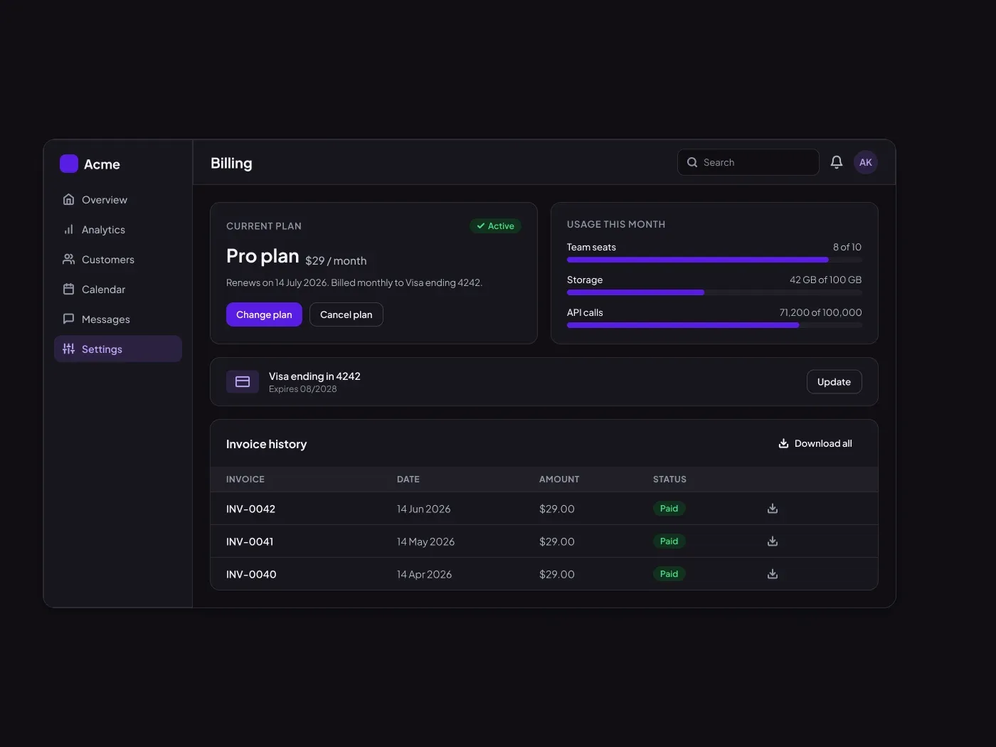 Premium Dark Billing and Plan Page UI for Figma