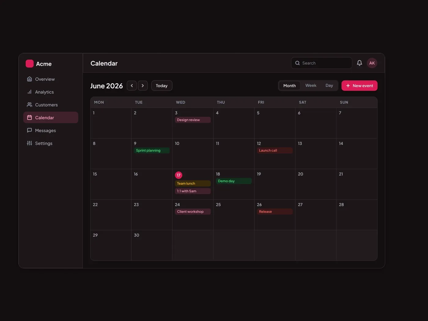 Premium Dark Calendar View UI for Figma