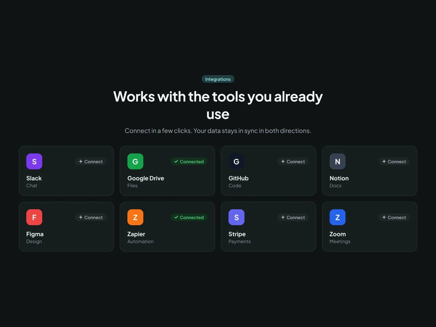 Dark Integrations Grid Section UI for Figma