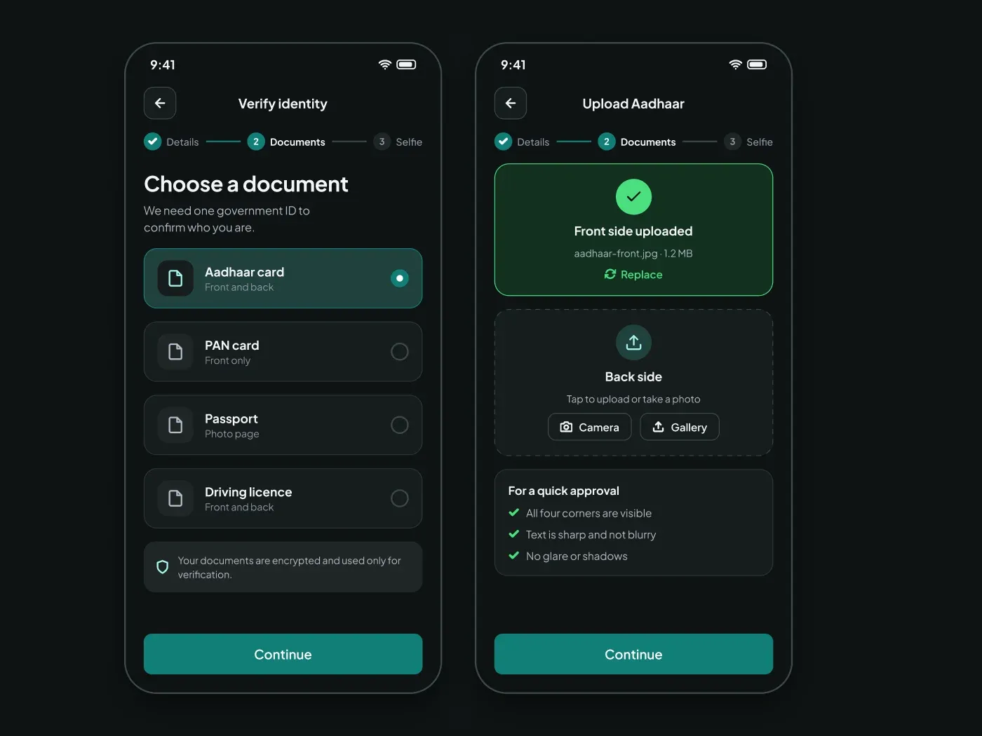 Premium Dark KYC Document Upload Screens UI for Figma