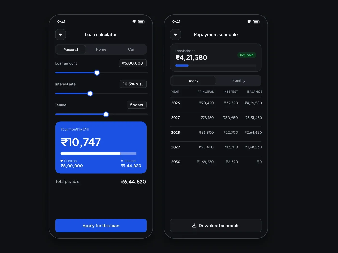 Premium Dark Loan EMI Calculator Screens UI for Figma