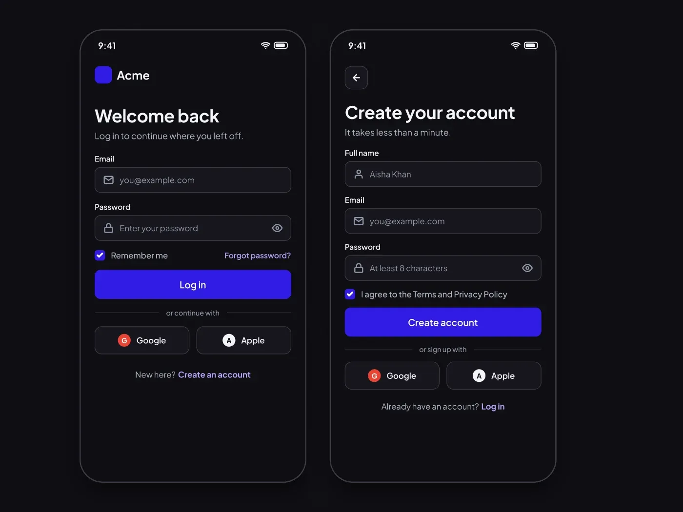 Dark Mobile Login and Sign Up Screens UI for Figma