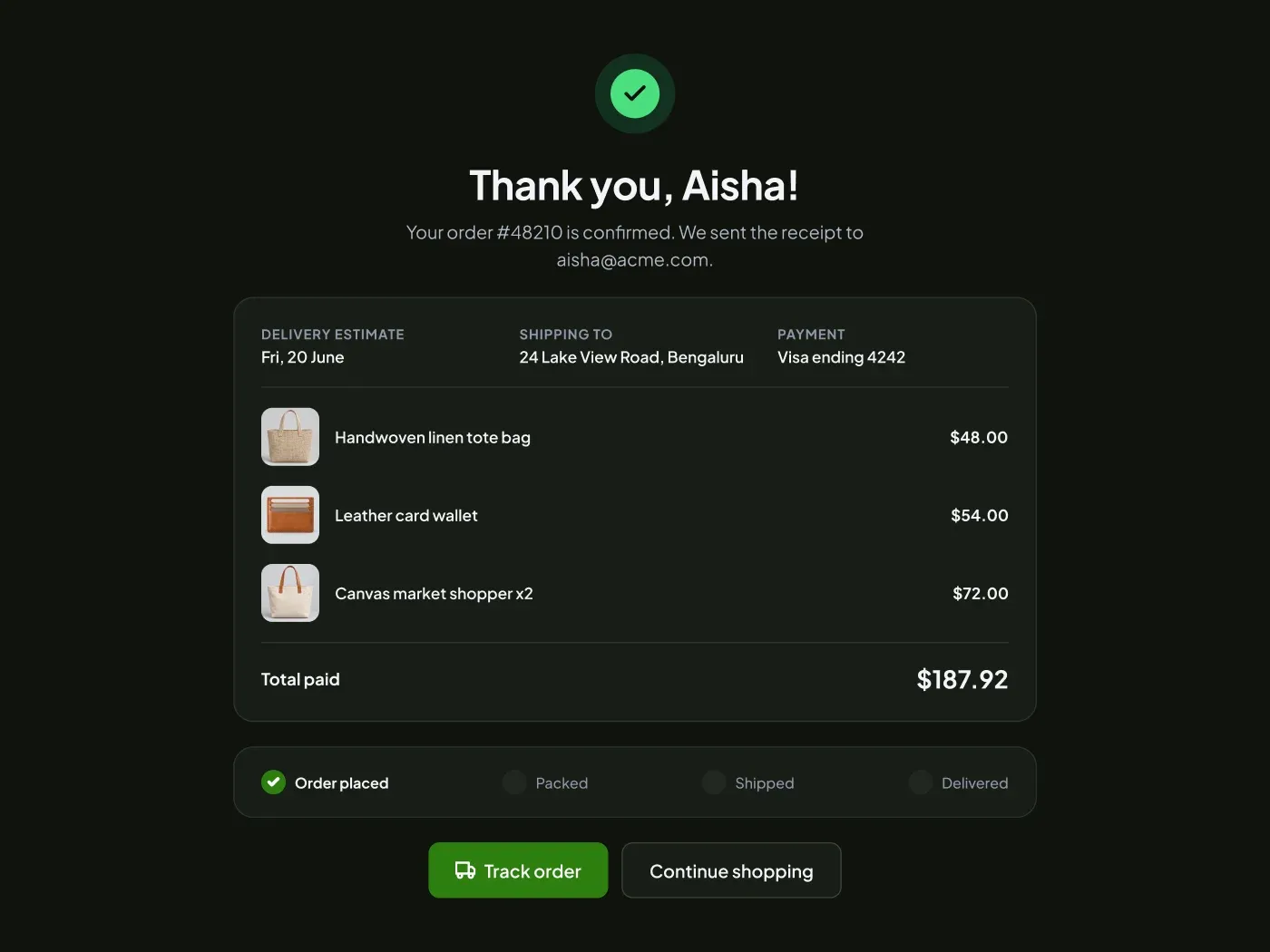 Dark Order Confirmation Page UI for Figma