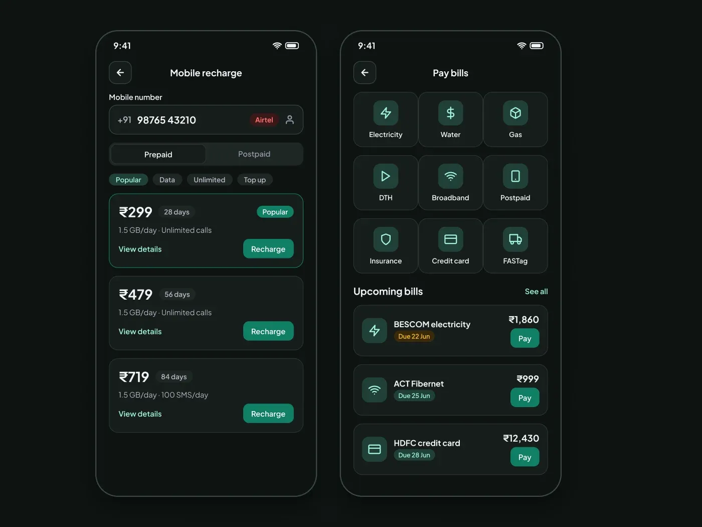 Dark Recharge and Bill Payment Screens UI for Figma