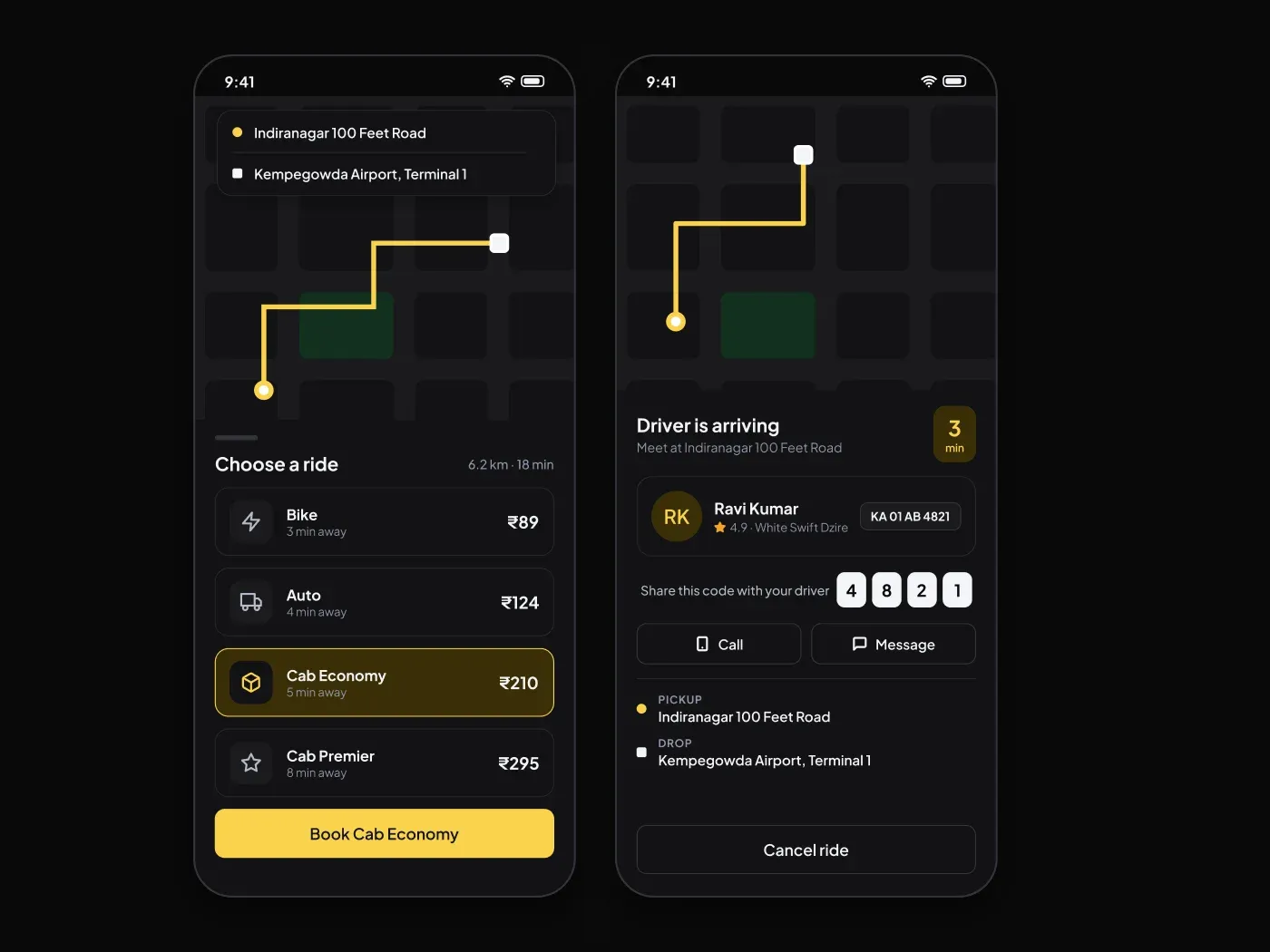 Premium Dark Ride Booking App with Map UI for Figma