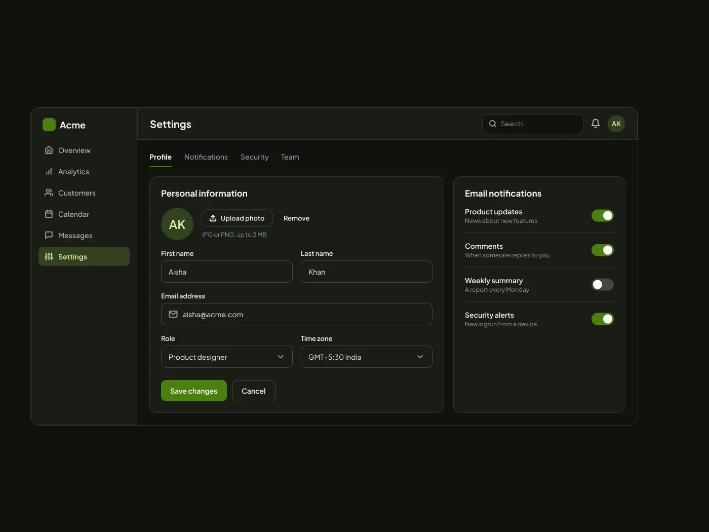 Dark Settings Page UI for Figma