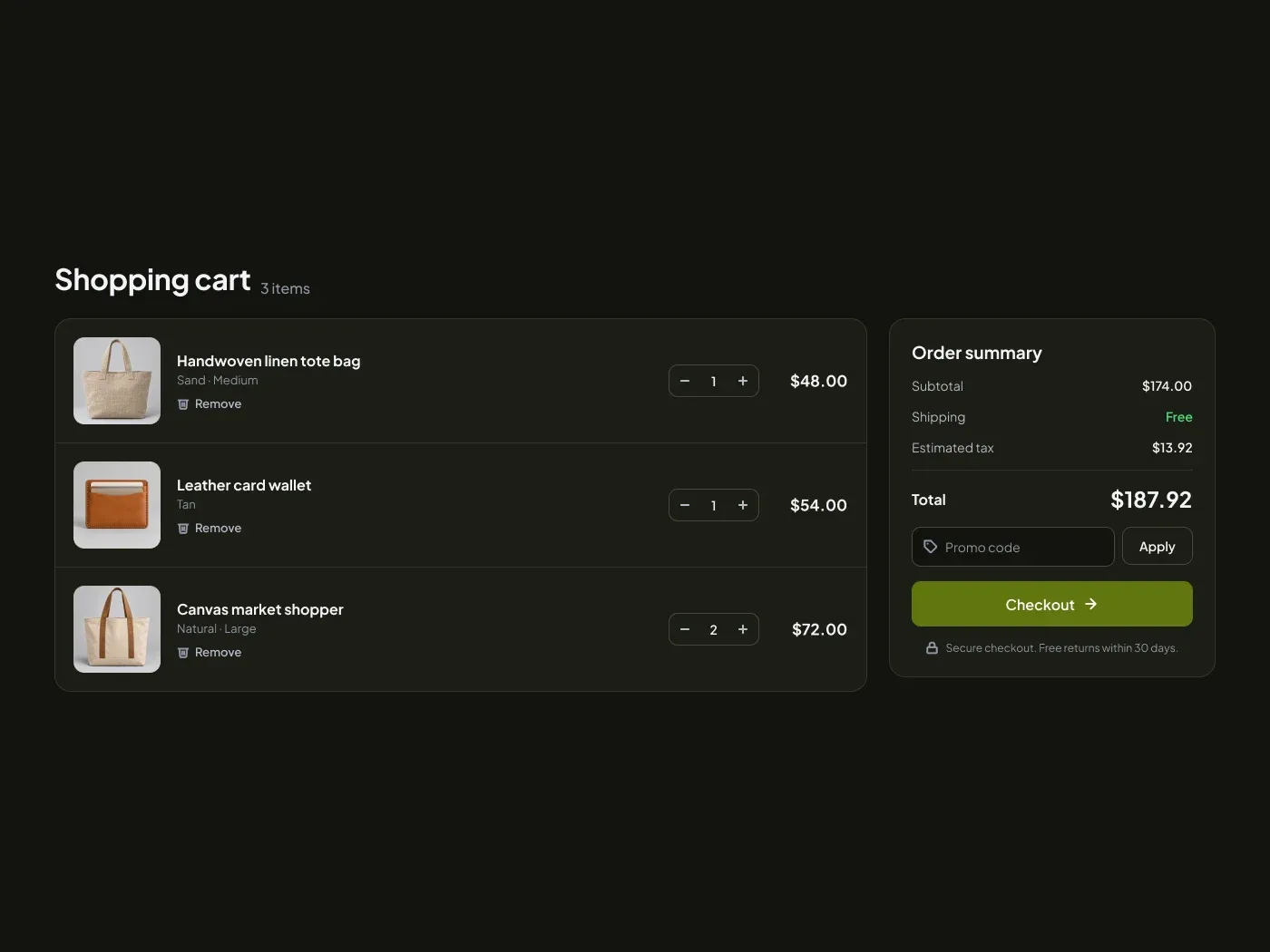 Dark Shopping Cart Page UI for Figma