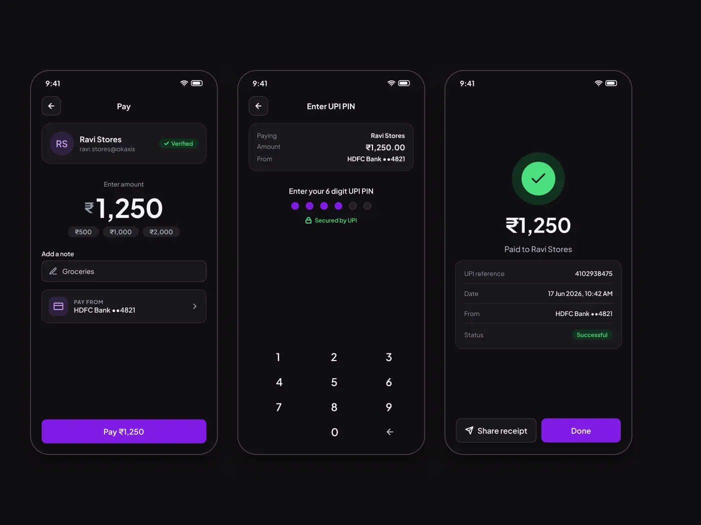 Premium Dark UPI Payment Flow Screens UI for Figma