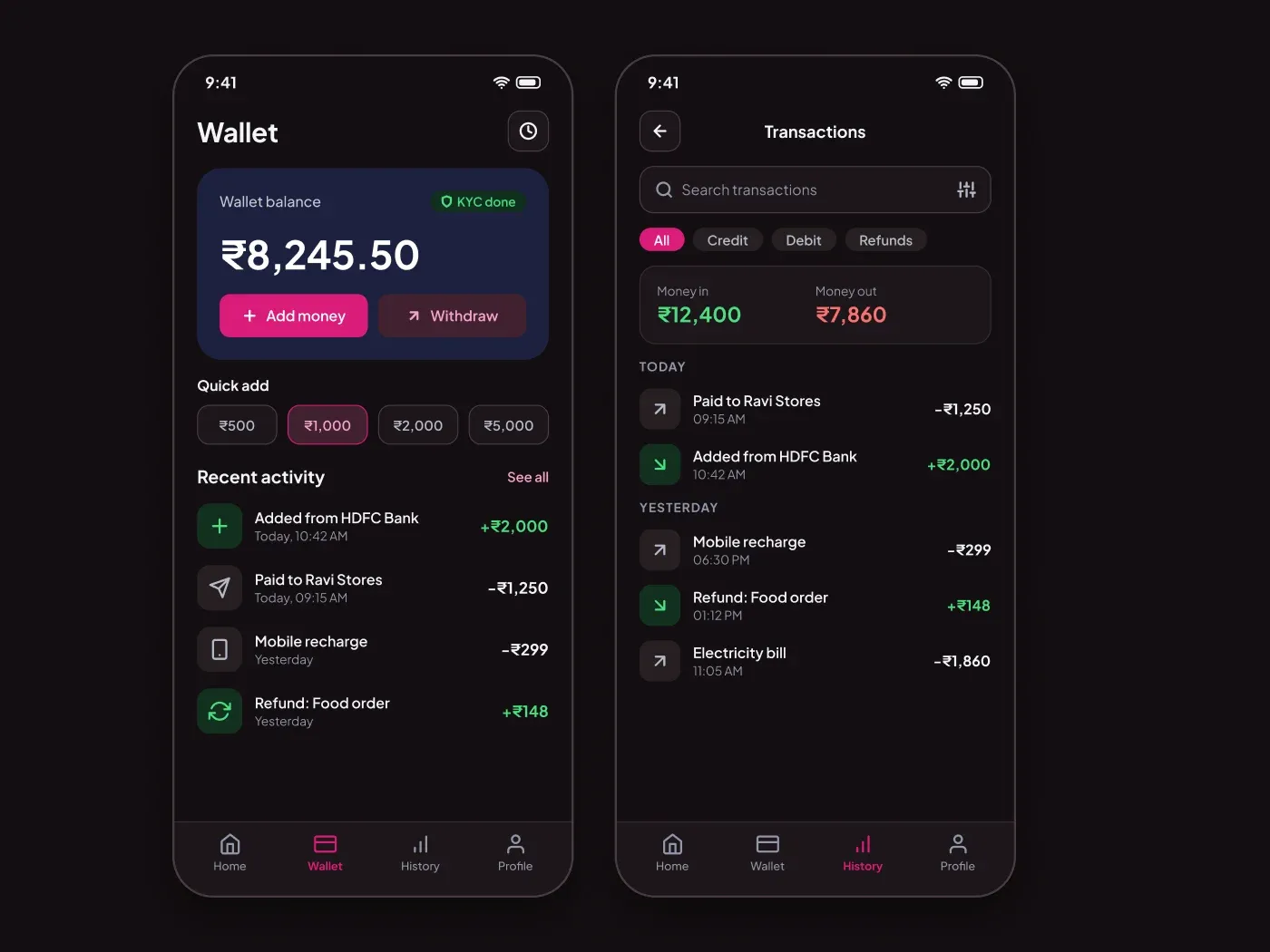 Premium Dark Wallet and Transaction Screens UI for Figma