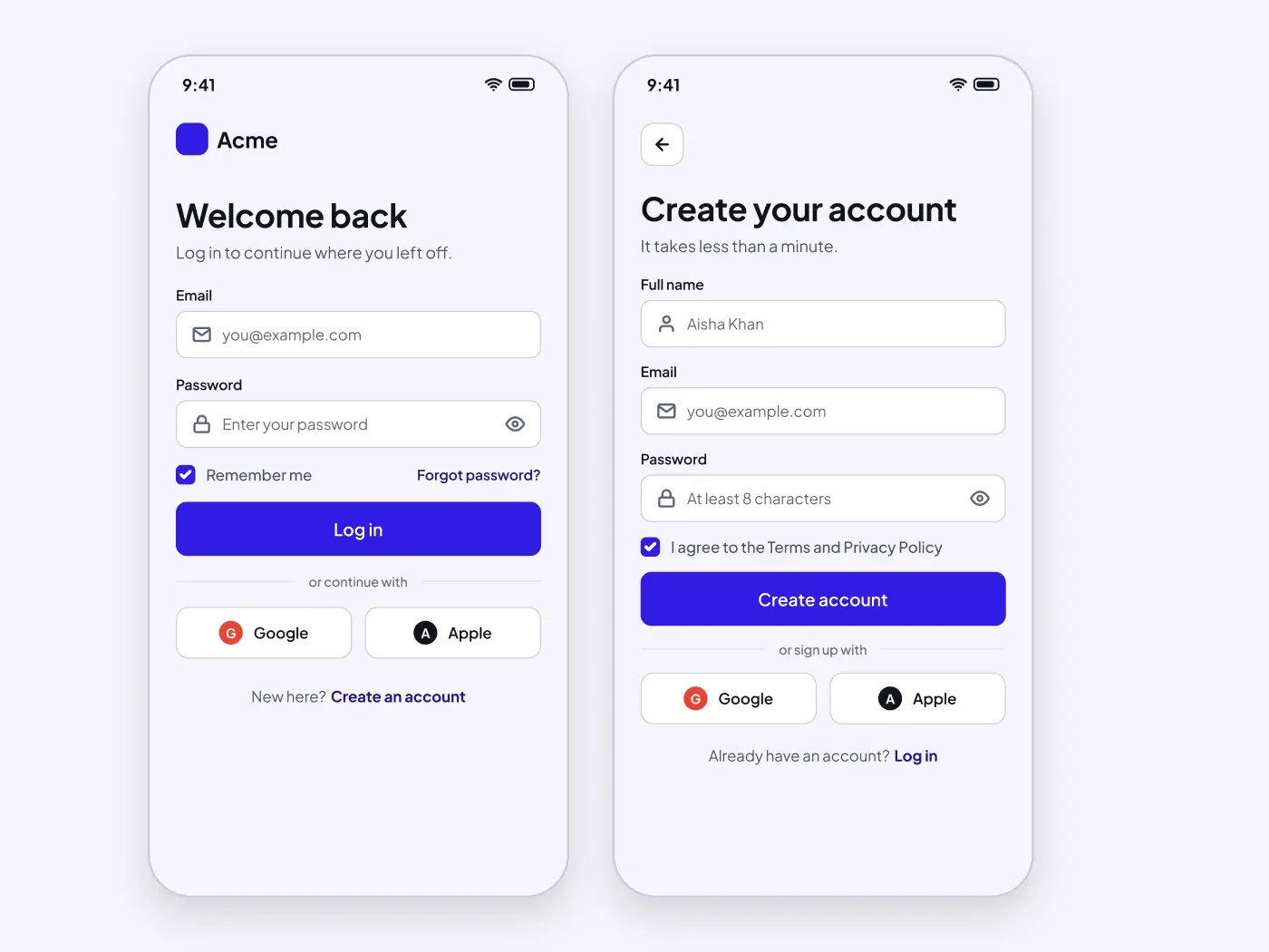 Mobile Login and Sign Up Screens UI for Figma