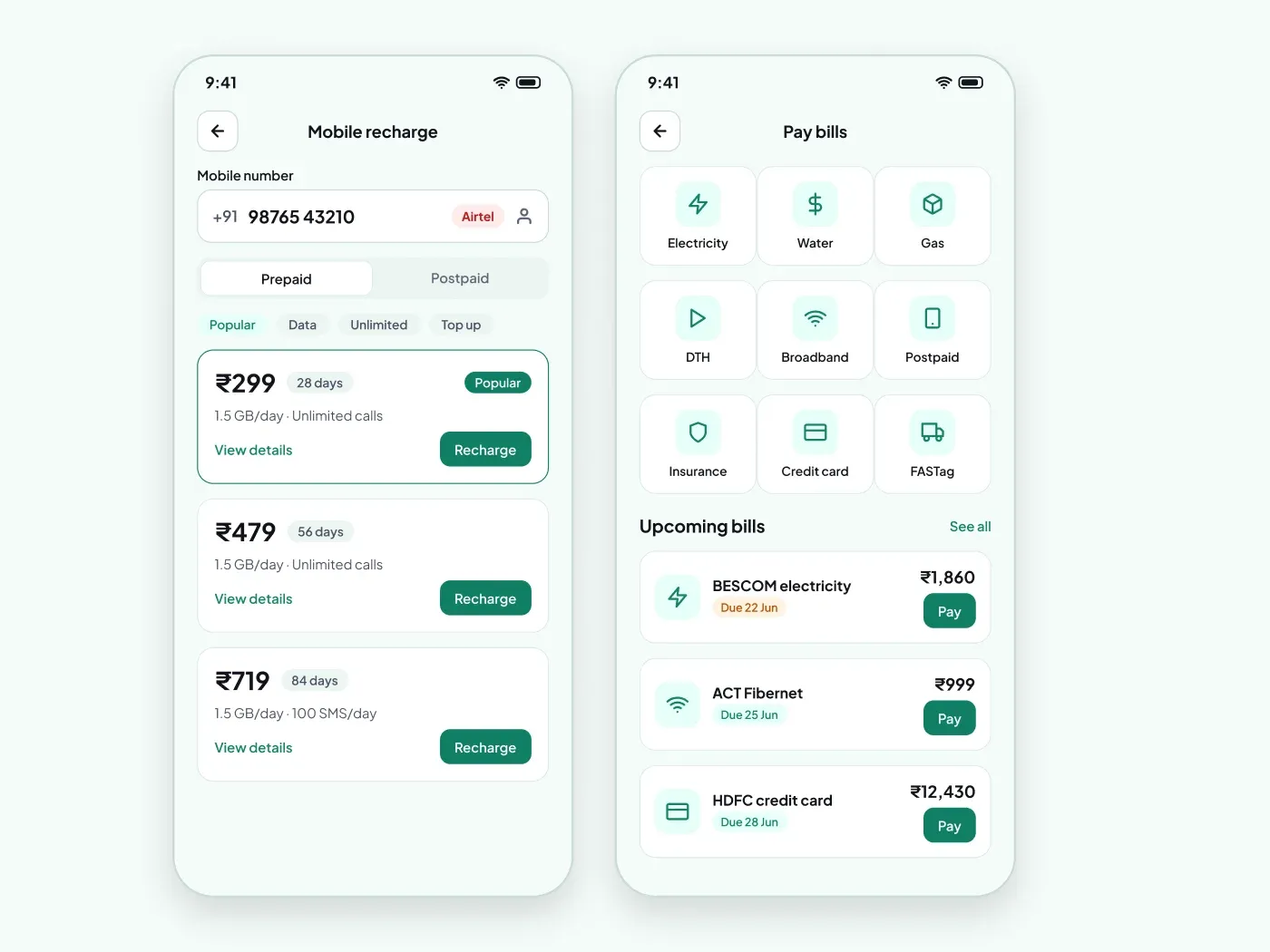 Recharge and Bill Payment Screens UI for Figma