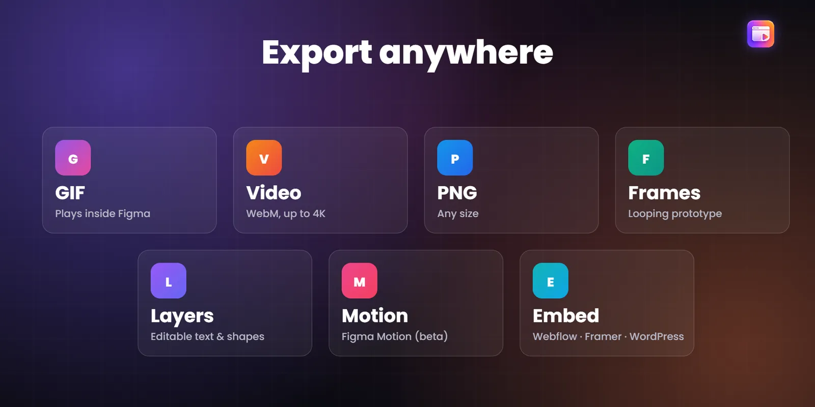 Export options: GIF, video, frames, PNG, editable layers and web embed