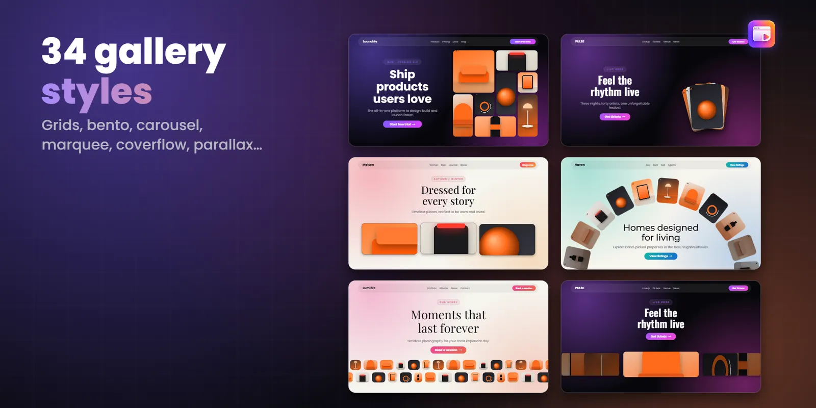 34 gallery styles including grids, bento, carousel, coverflow, masonry and parallax