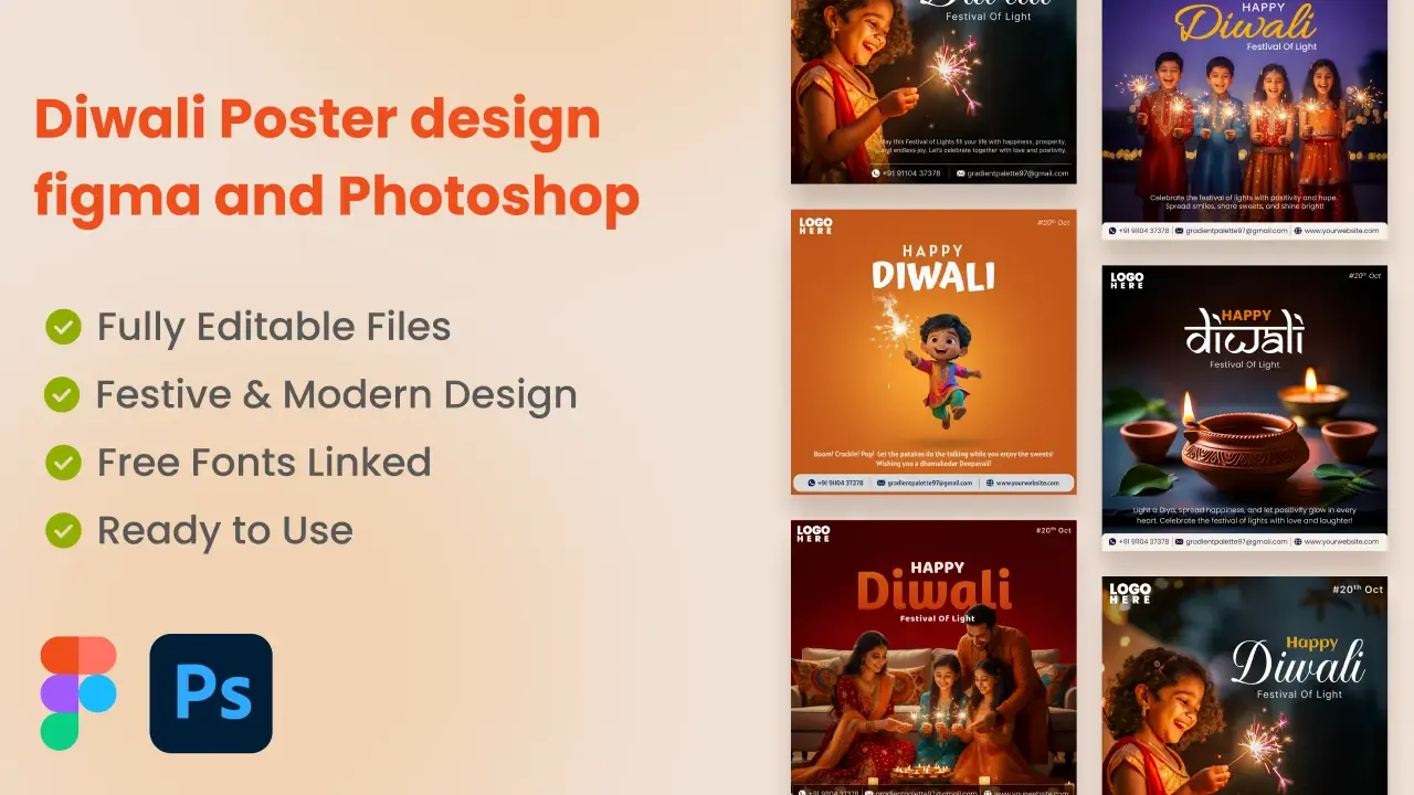 Diwali poster design templates for Figma and Photoshop showing six festive posts with children, sparklers and diyas