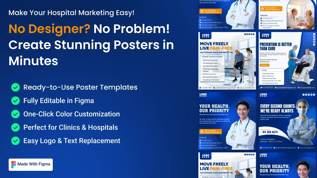 Editable hospital poster template in Figma showing doctor and patient poster designs for orthopedic care, check-ups and emergency services