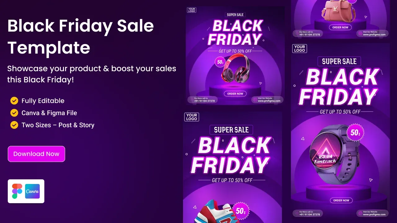 Black Friday sale template for Figma and Canva with purple promo posts for headphones, a smartwatch and sneakers